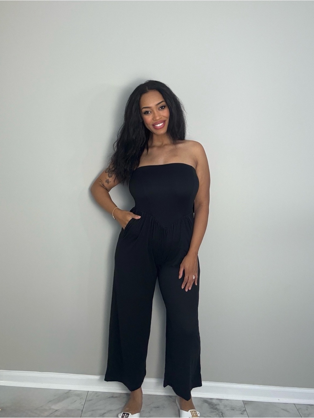 NWT Strapless Black Wide-Leg Jumpsuit